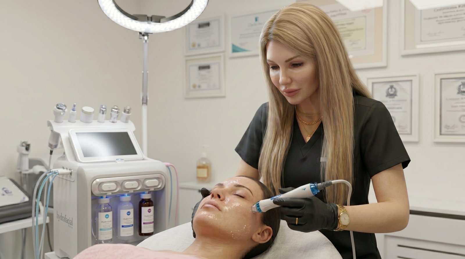 Aesthetic practitioner performing a HydraFacial treatment at Unik Glow Aesthetics in Sale, Cheshire